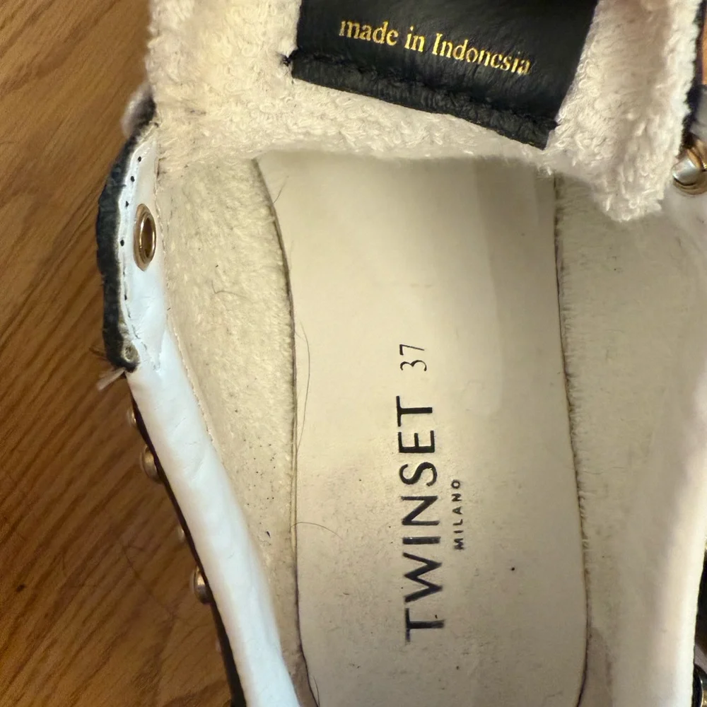 Twinset Milano Black Leather Platform Sneakers Pearl Studded